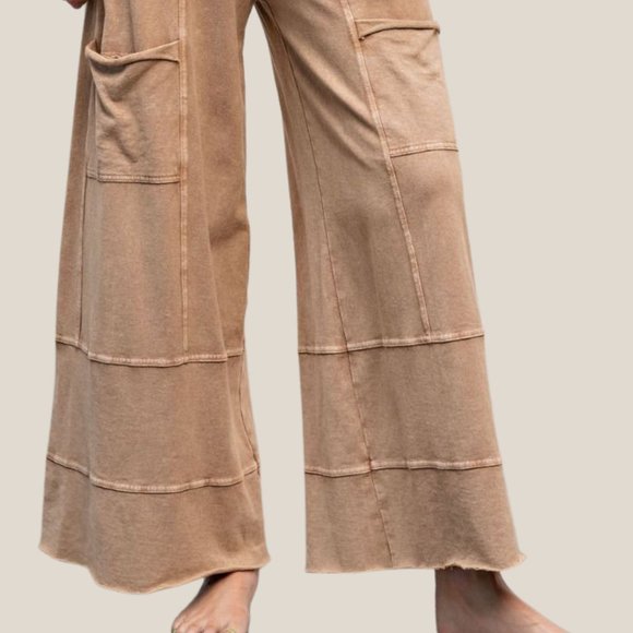 EASEL "Perfect Cargo" Terry Knit Mineral Washed Flared Leg Pants Raw Hem & Seams - Picture 14 of 15